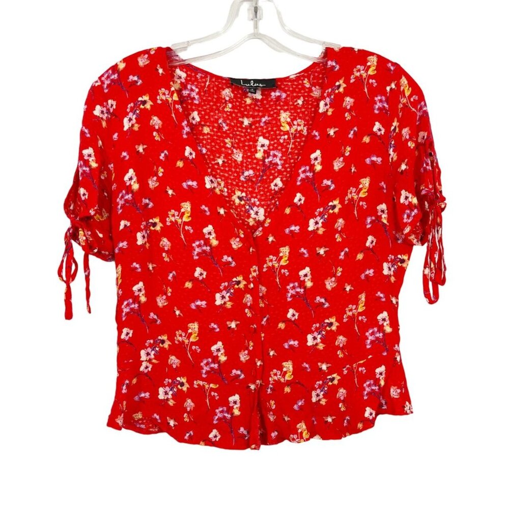 Lulus‎ Red Floral Short Sleeve V-Neck Crop Top Button Front Rayon - Size Small